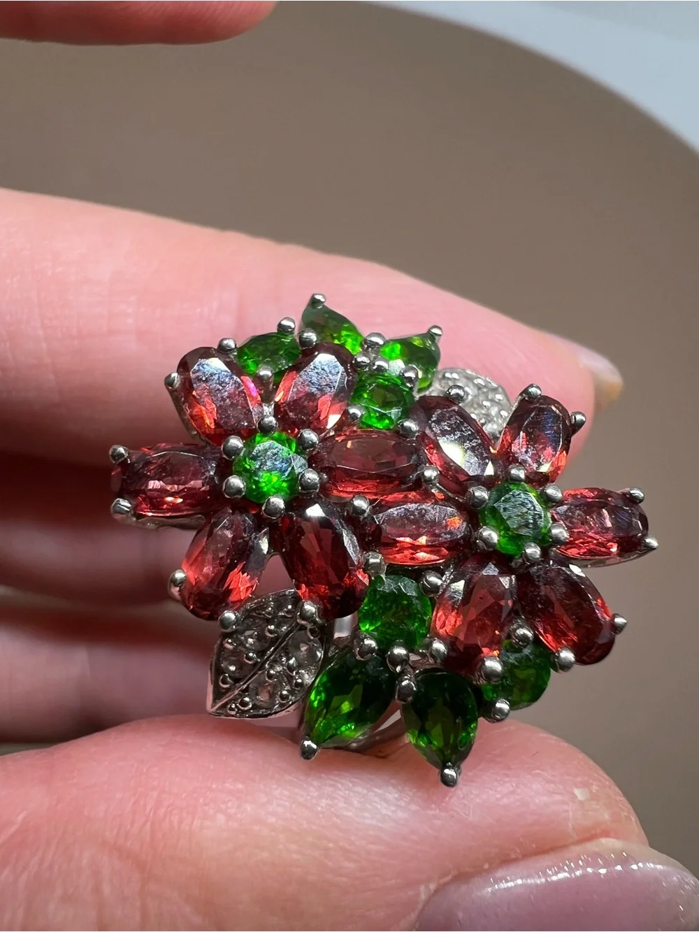 Floral Cluster Ring with Red and Green Gemstones in Sterling Silver